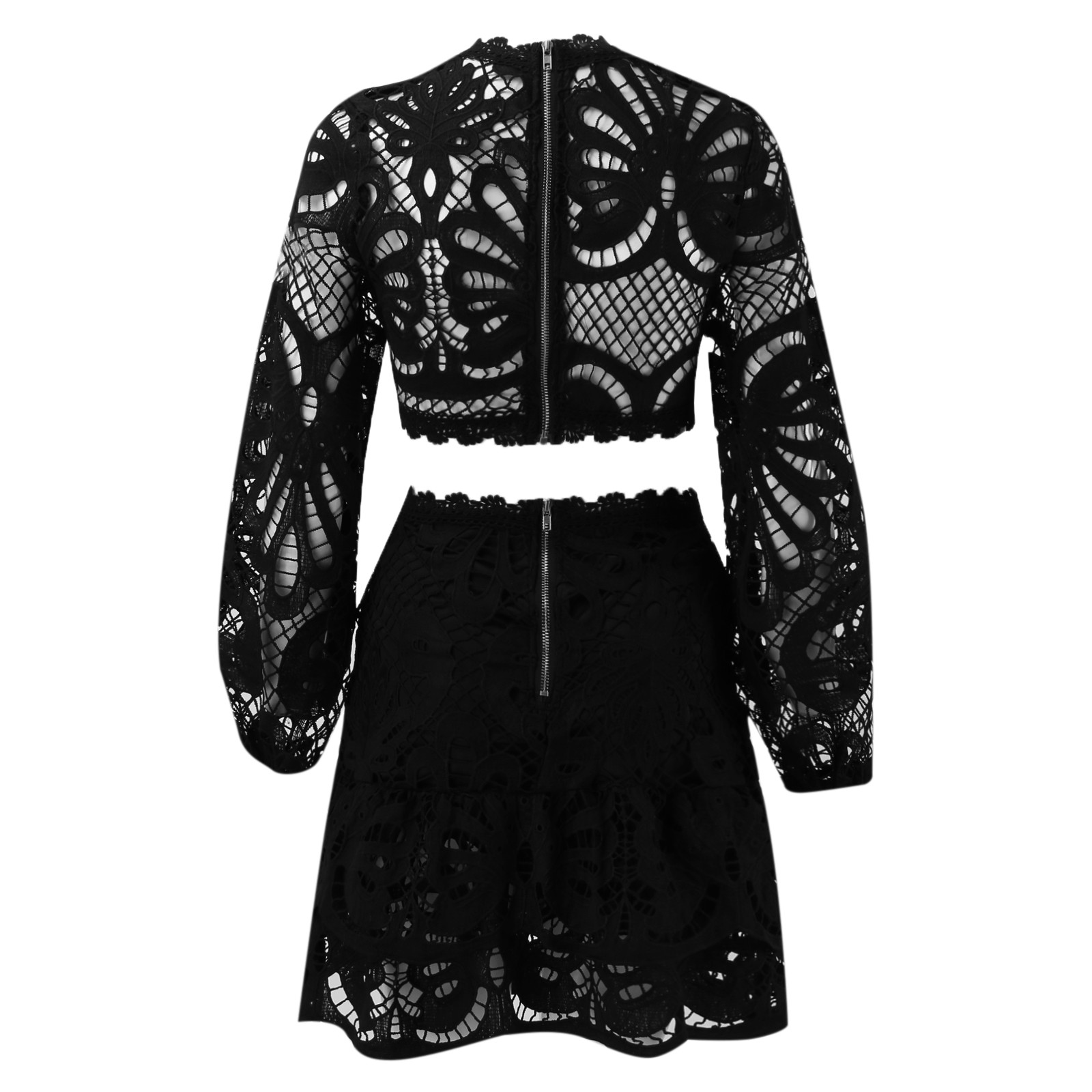 thumbnail image 5 of Conjunto de dos piezas de encaje para mujer: top de manga larga y pantalones cortos, tallas S-XXL, cuello en V, bordado calado, informal/moda, 5 of 5